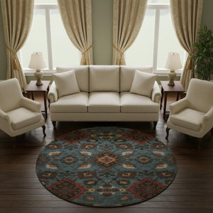 HomeRoots 8' Stylish Denim Blue, Red & Salmon Oriental Round Rug - Washable, UV-Protected & Durable Design 678841