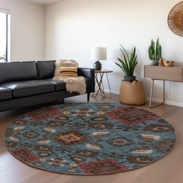 HomeRoots 8' Stylish Denim Blue, Red & Salmon Oriental Round Rug - Washable, UV-Protected & Durable Design 678841
