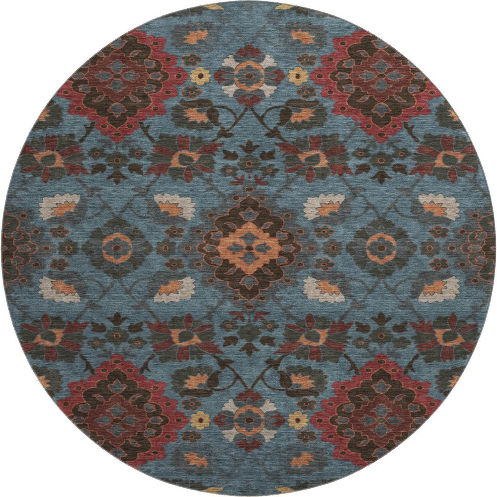 HomeRoots 8' Stylish Denim Blue, Red & Salmon Oriental Round Rug - Washable, UV-Protected & Durable Design 678841