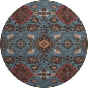 HomeRoots 8' Stylish Denim Blue, Red & Salmon Oriental Round Rug - Washable, UV-Protected & Durable Design 678841