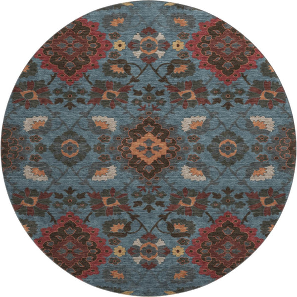 HomeRoots 8' Stylish Denim Blue, Red & Salmon Oriental Round Rug - Washable, UV-Protected & Durable Design 678841