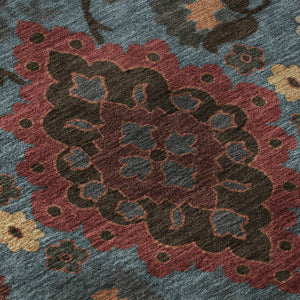 HomeRoots 8' Stylish Denim Blue, Red & Salmon Oriental Round Rug - Washable, UV-Protected & Durable Design 678841