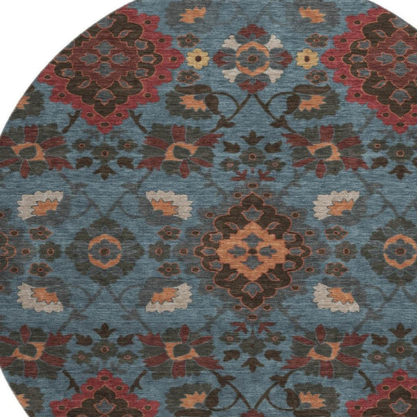 HomeRoots 8' Stylish Denim Blue, Red & Salmon Oriental Round Rug - Washable, UV-Protected & Durable Design 678841