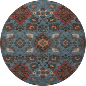 HomeRoots 8' Stylish Denim Blue, Red & Salmon Oriental Round Rug - Washable, UV-Protected & Durable Design 678841