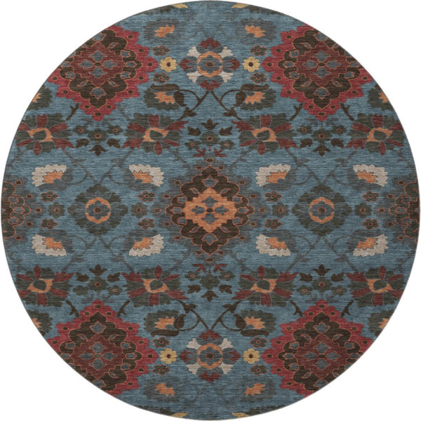 HomeRoots 8' Stylish Denim Blue, Red & Salmon Oriental Round Rug - Washable, UV-Protected & Durable Design 678841
