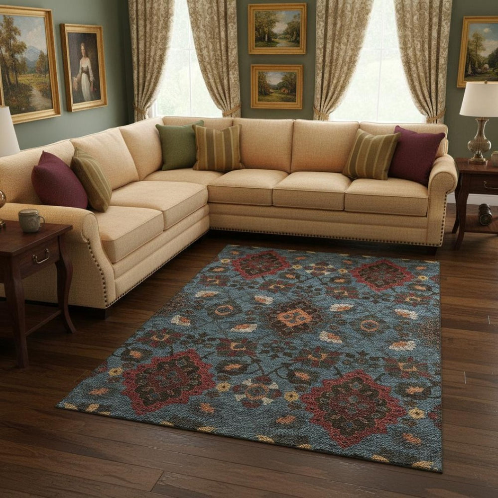 HomeRoots 8' X 10' Washable Denim Blue, Red & Salmon Oriental Rug with UV Protection for Stylish Spaces 678842