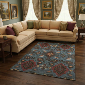 HomeRoots 8' X 10' Washable Denim Blue, Red & Salmon Oriental Rug with UV Protection for Stylish Spaces 678842