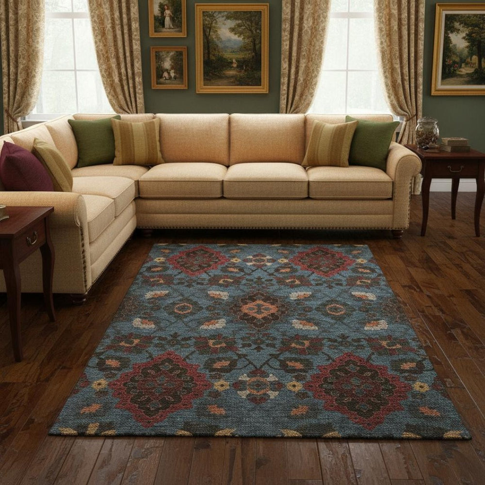 HomeRoots 9' X 12' Vibrant Denim Blue, Red & Salmon Oriental Washable Area Rug with UV Protection & Style 678843
