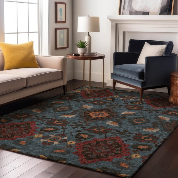 HomeRoots 9' X 12' Vibrant Denim Blue, Red & Salmon Oriental Washable Area Rug with UV Protection & Style 678843