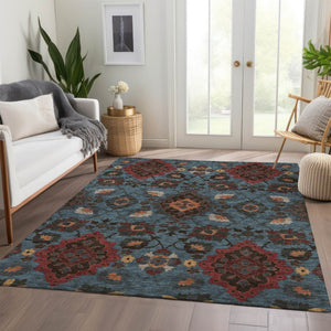 HomeRoots 9' X 12' Vibrant Denim Blue, Red & Salmon Oriental Washable Area Rug with UV Protection & Style 678843