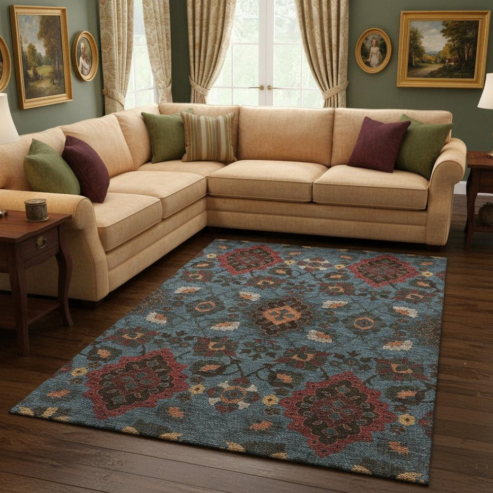 HomeRoots 10' Washable Area Rug in Denim Blue, Red & Salmon - Stain Resistant, UV Protected & Durable Design 678844