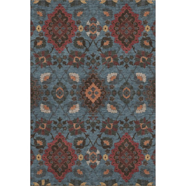 HomeRoots 10' Washable Area Rug in Denim Blue, Red & Salmon - Stain Resistant, UV Protected & Durable Design 678844