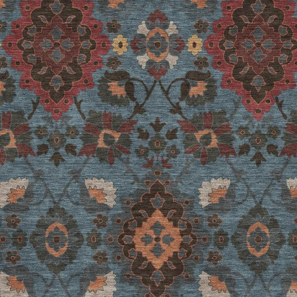 HomeRoots 10' Washable Area Rug in Denim Blue, Red & Salmon - Stain Resistant, UV Protected & Durable Design 678844
