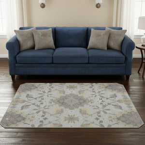 HomeRoots 8' Washable Gray Gold Ivory Oriental Round Rug with UV Protection - Stylish, Durable & Easy Care! 678847