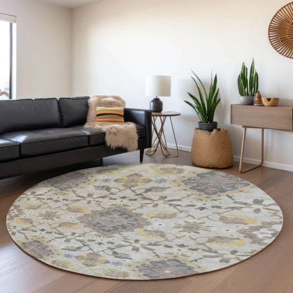 HomeRoots 8' Washable Gray Gold Ivory Oriental Round Rug with UV Protection - Stylish, Durable & Easy Care! 678847