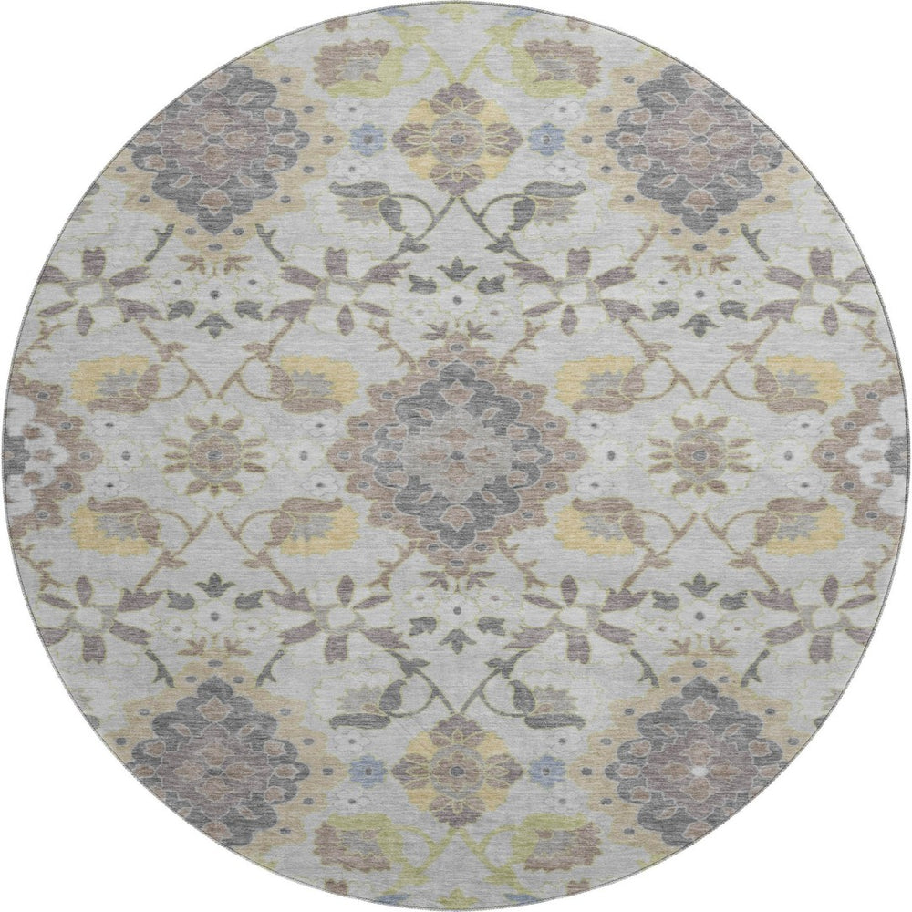 HomeRoots 8' Washable Gray Gold Ivory Oriental Round Rug with UV Protection - Stylish, Durable & Easy Care! 678847