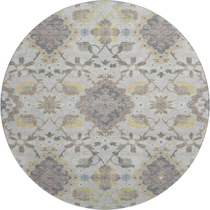 HomeRoots 8' Washable Gray Gold Ivory Oriental Round Rug with UV Protection - Stylish, Durable & Easy Care! 678847