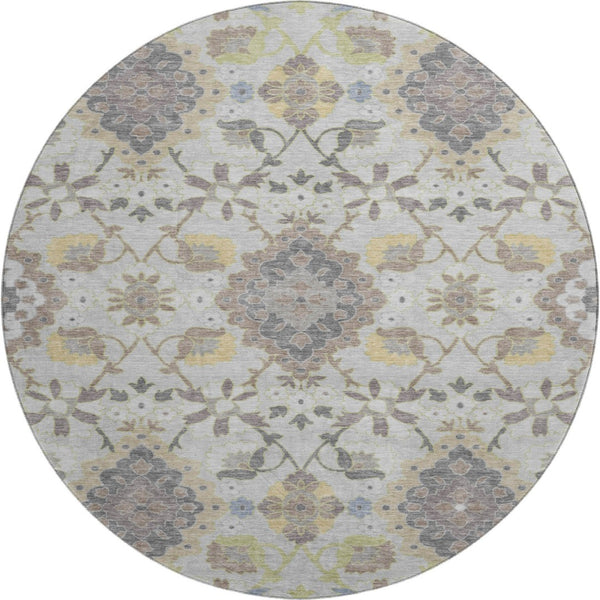 HomeRoots 8' Washable Gray Gold Ivory Oriental Round Rug with UV Protection - Stylish, Durable & Easy Care! 678847