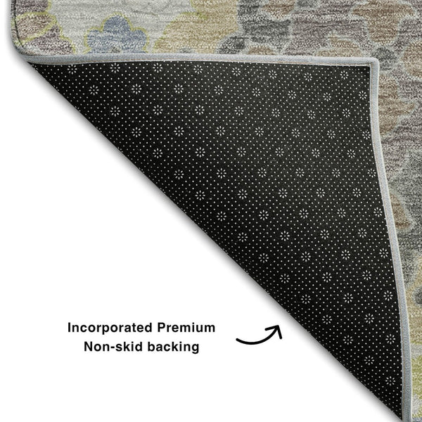 HomeRoots 8' Washable Gray Gold Ivory Oriental Round Rug with UV Protection - Stylish, Durable & Easy Care! 678847