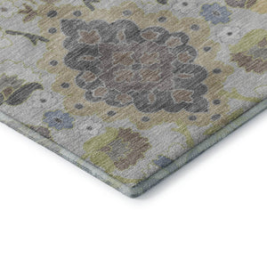 HomeRoots 8' Washable Gray Gold Ivory Oriental Round Rug with UV Protection - Stylish, Durable & Easy Care! 678847