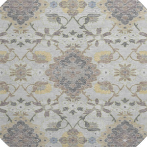 HomeRoots 8' Washable Gray Gold Ivory Oriental Round Rug with UV Protection - Stylish, Durable & Easy Care! 678847