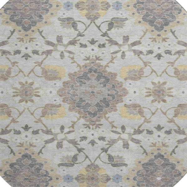 HomeRoots 8' Washable Gray Gold Ivory Oriental Round Rug with UV Protection - Stylish, Durable & Easy Care! 678847