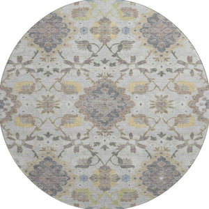 HomeRoots 8' Washable Gray Gold Ivory Oriental Round Rug with UV Protection - Stylish, Durable & Easy Care! 678847