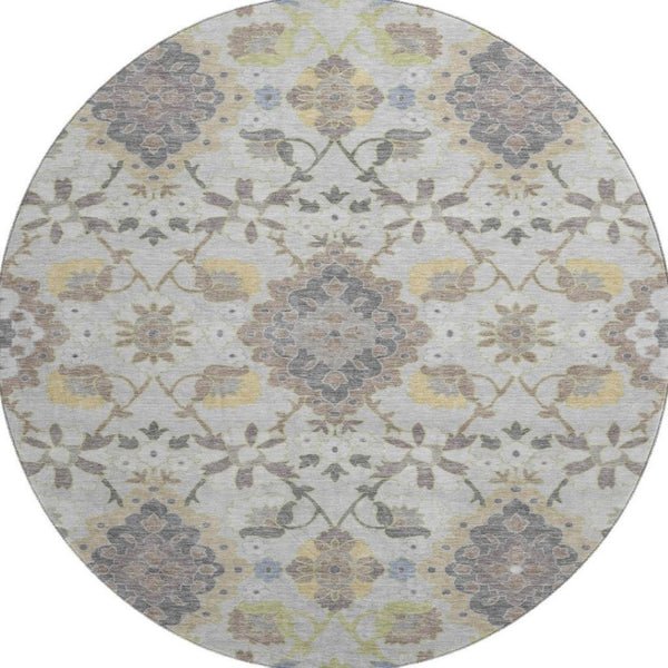 HomeRoots 8' Washable Gray Gold Ivory Oriental Round Rug with UV Protection - Stylish, Durable & Easy Care! 678847