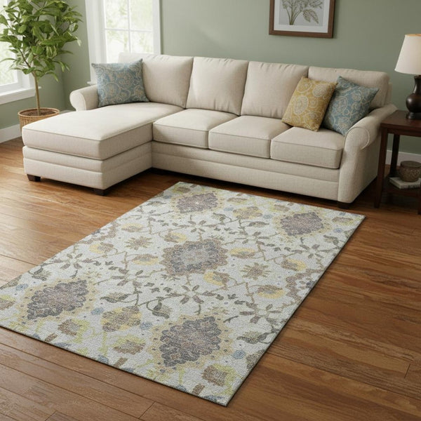 HomeRoots 8' X 10' Gray Gold Ivory Oriental Rug - Washable, Stain-Resistant, UV Protected for High-Traffic Areas 678848