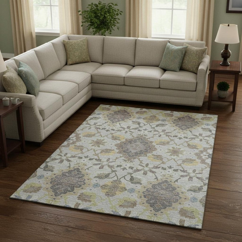 HomeRoots 9' X 12' Washable Gray Gold and Ivory Oriental Area Rug – UV Protected, Stain Resistant, Durable Design 678849