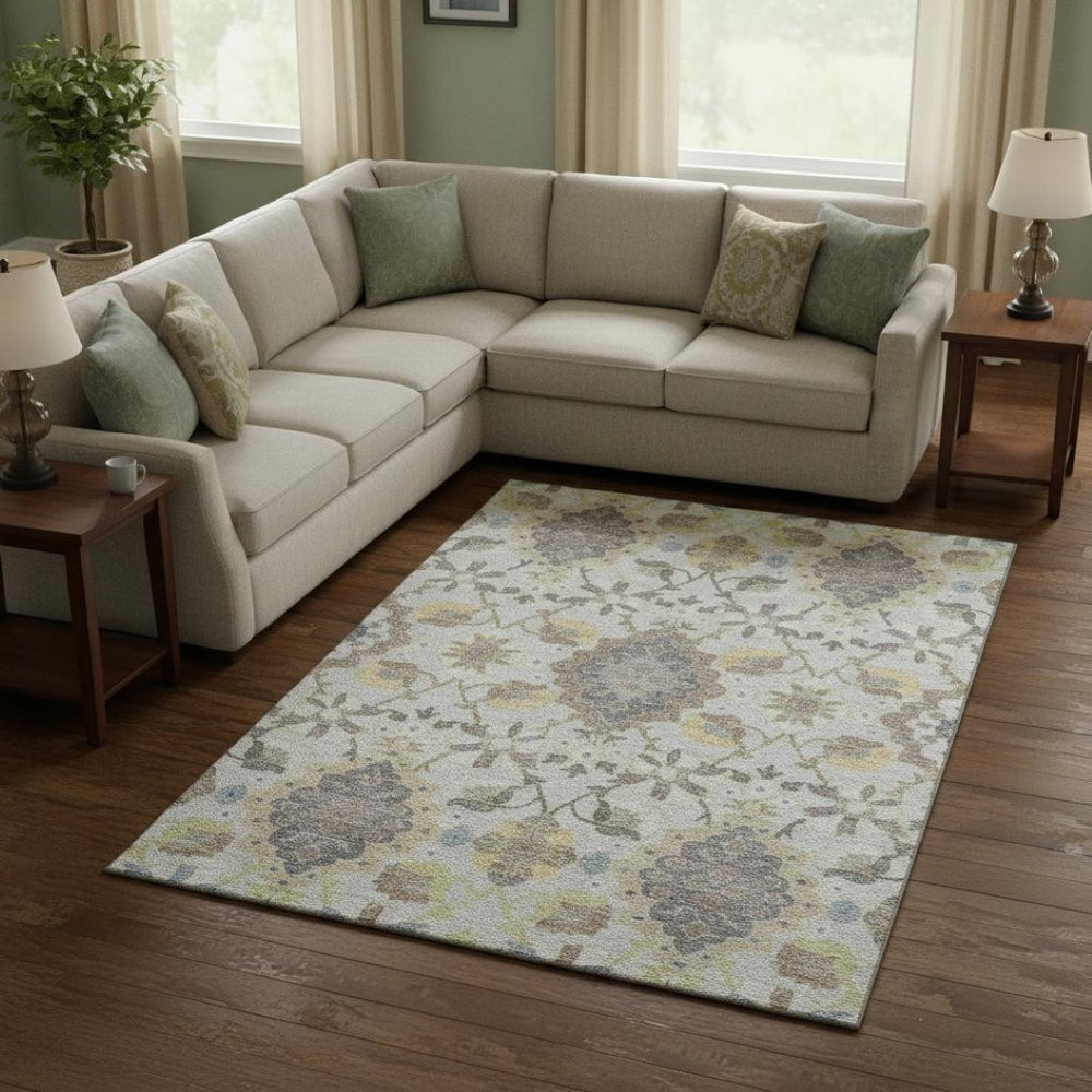 HomeRoots 10' X 14' Gray Gold Ivory Oriental Area Rug - Stylish, Stain-Resistant, UV Protected for High-Traffic Homes 678850