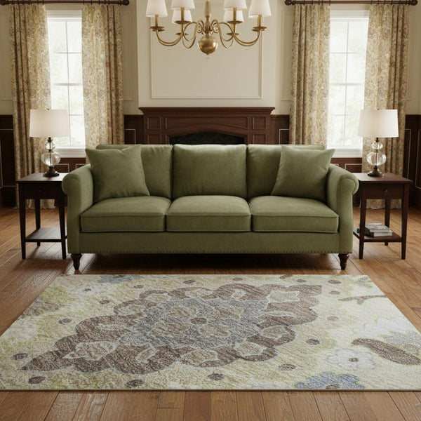 HomeRoots 5' X 8' Elegant Ivory Gold Beige Washable Area Rug with UV Protection for Stylish Home Decor 678852