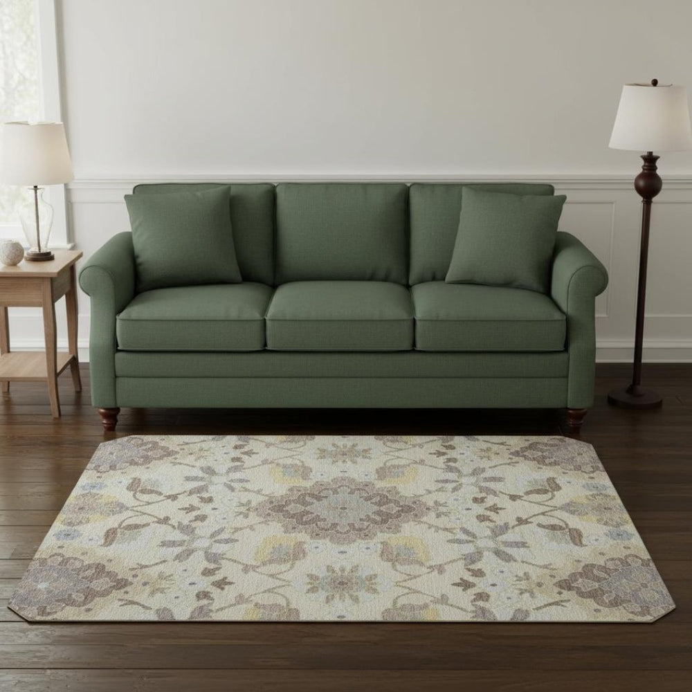 HomeRoots 8' Ivory Gold and Beige Round Oriental Rug – Washable, Stain Resistant, UV Protected for Busy Homes 678853