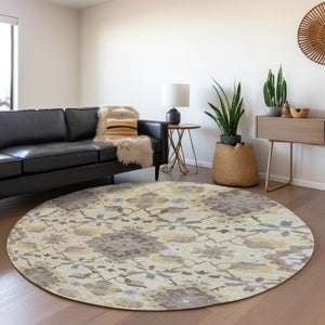 HomeRoots 8' Ivory Gold and Beige Round Oriental Rug – Washable, Stain Resistant, UV Protected for Busy Homes 678853