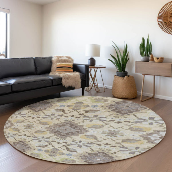 HomeRoots 8' Ivory Gold and Beige Round Oriental Rug – Washable, Stain Resistant, UV Protected for Busy Homes 678853