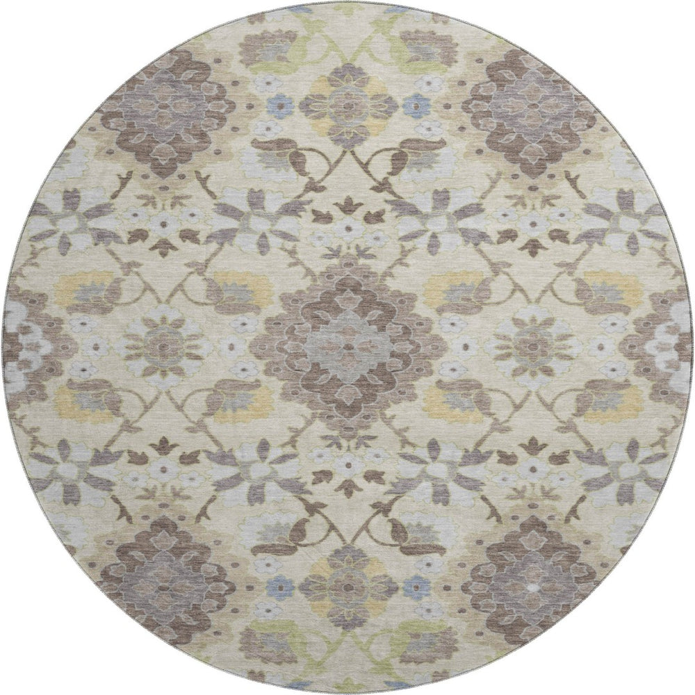 HomeRoots 8' Ivory Gold and Beige Round Oriental Rug – Washable, Stain Resistant, UV Protected for Busy Homes 678853