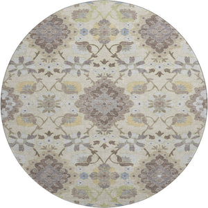 HomeRoots 8' Ivory Gold and Beige Round Oriental Rug – Washable, Stain Resistant, UV Protected for Busy Homes 678853