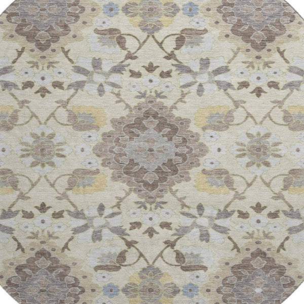 HomeRoots 8' Ivory Gold and Beige Round Oriental Rug – Washable, Stain Resistant, UV Protected for Busy Homes 678853