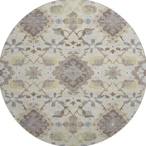 HomeRoots 8' Ivory Gold and Beige Round Oriental Rug – Washable, Stain Resistant, UV Protected for Busy Homes 678853