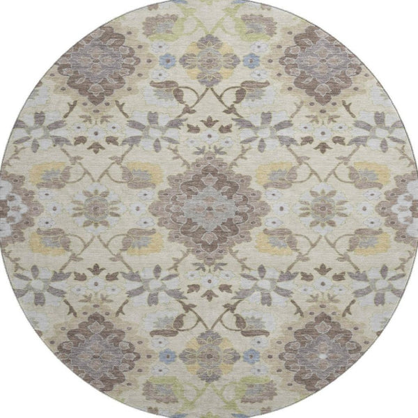HomeRoots 8' Ivory Gold and Beige Round Oriental Rug – Washable, Stain Resistant, UV Protected for Busy Homes 678853