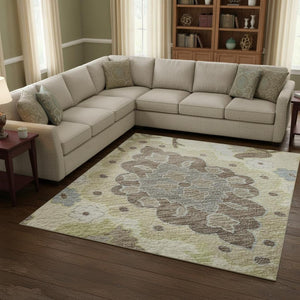 HomeRoots 8' X 10' Elegant Ivory and Gold Oriental Area Rug - Washable, UV Protected, Durable for Busy Homes 678854