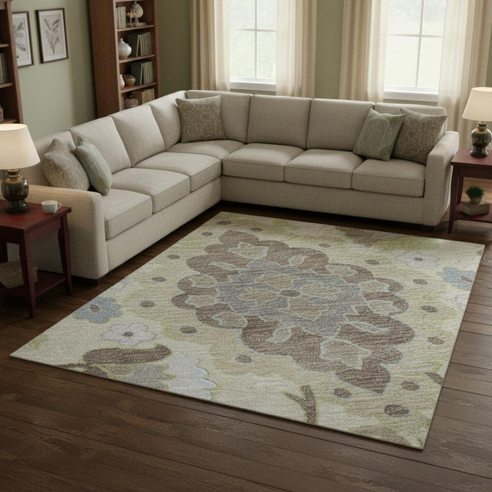 HomeRoots 10' X 14' Elegant Ivory Gold Beige Oriental Washable Area Rug - Stain-Resistant & UV Protected! 678856