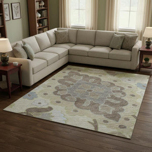 HomeRoots 10' X 14' Elegant Ivory Gold Beige Oriental Washable Area Rug - Stain-Resistant & UV Protected! 678856