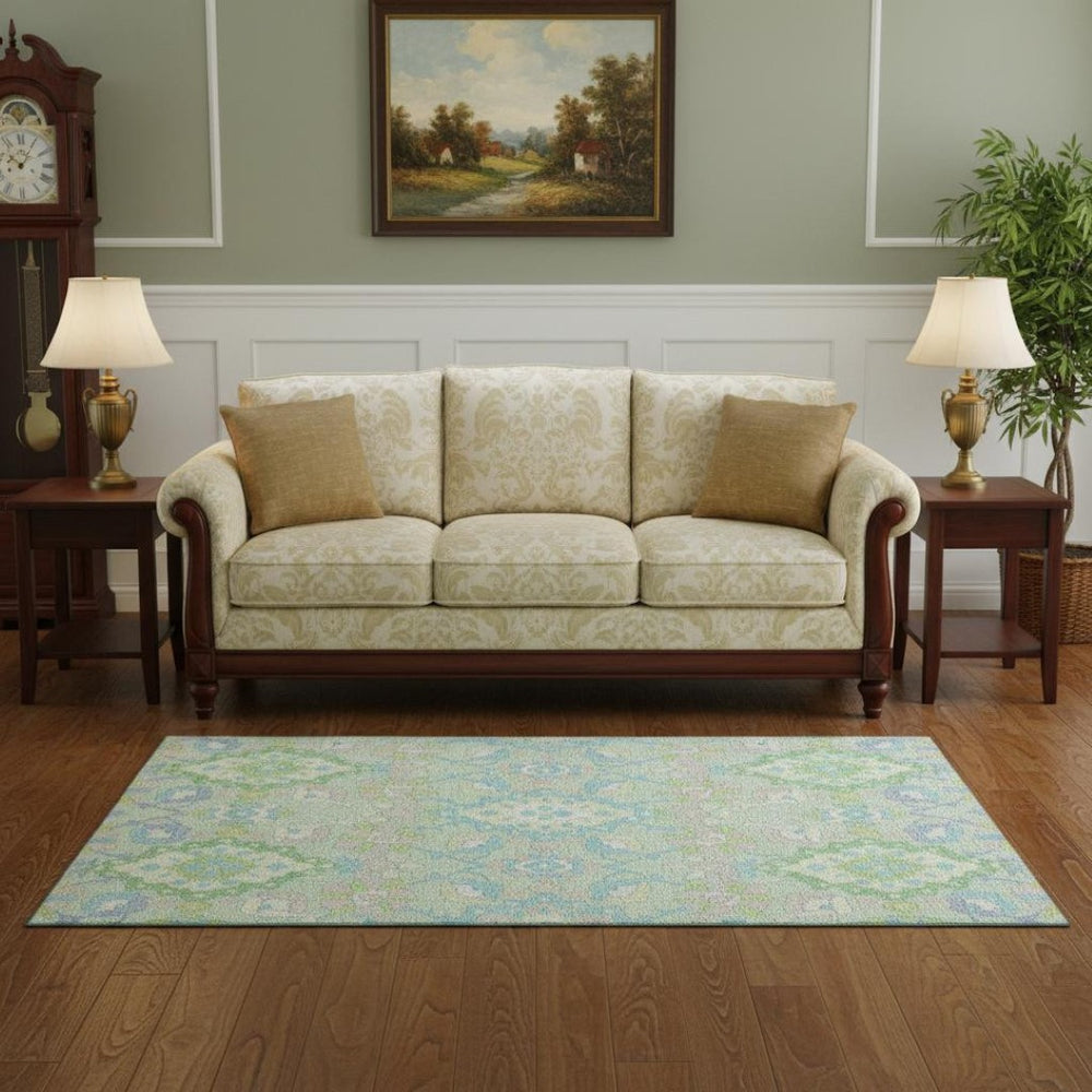 HomeRoots 5' X 8' Mint Green, Teal & Lavender Washable Area Rug - UV Protected for Elegance & Durability! 678858