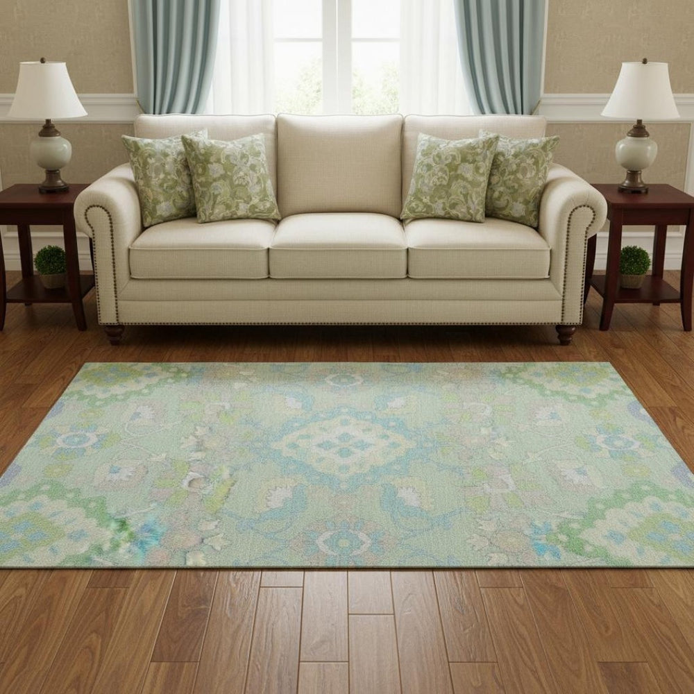 HomeRoots 8' Washable Mint Green, Teal & Lavender Round Oriental Rug with UV Protection for High-Traffic Areas 678859