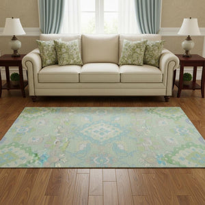 HomeRoots 8' Washable Mint Green, Teal & Lavender Round Oriental Rug with UV Protection for High-Traffic Areas 678859