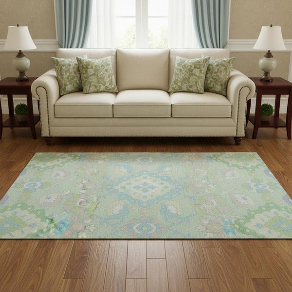 HomeRoots 8' Washable Mint Green, Teal & Lavender Round Oriental Rug with UV Protection for High-Traffic Areas 678859