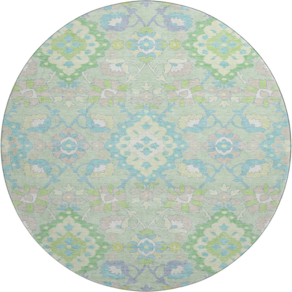 HomeRoots 8' Washable Mint Green, Teal & Lavender Round Oriental Rug with UV Protection for High-Traffic Areas 678859