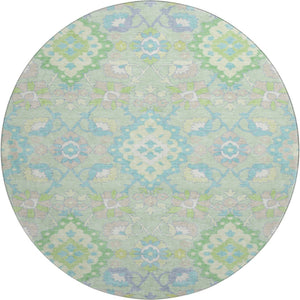 HomeRoots 8' Washable Mint Green, Teal & Lavender Round Oriental Rug with UV Protection for High-Traffic Areas 678859