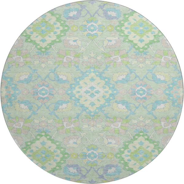 HomeRoots 8' Washable Mint Green, Teal & Lavender Round Oriental Rug with UV Protection for High-Traffic Areas 678859
